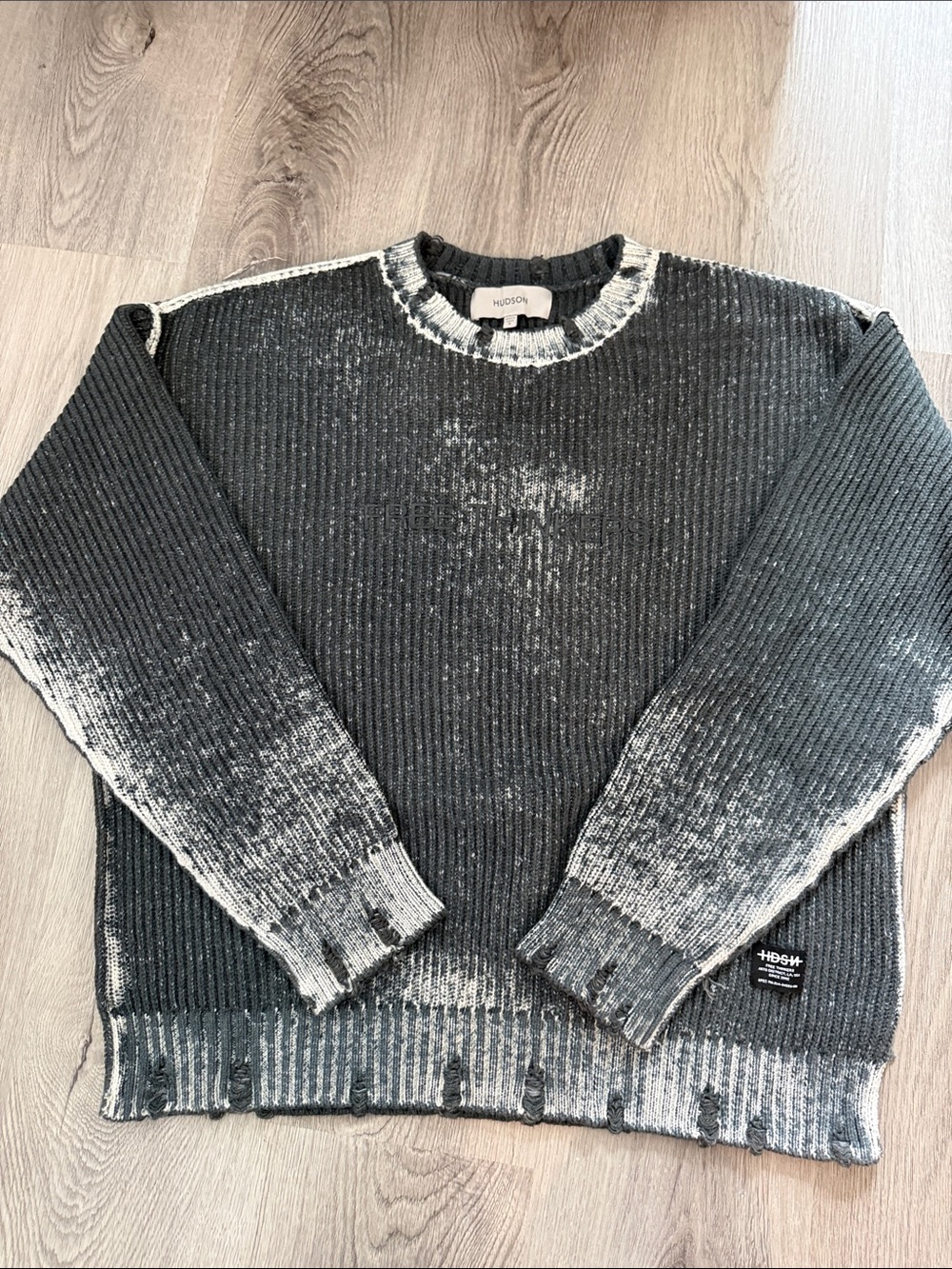 Hudson Jeans Black and White Distressed Ribbed Crewneck Sweater